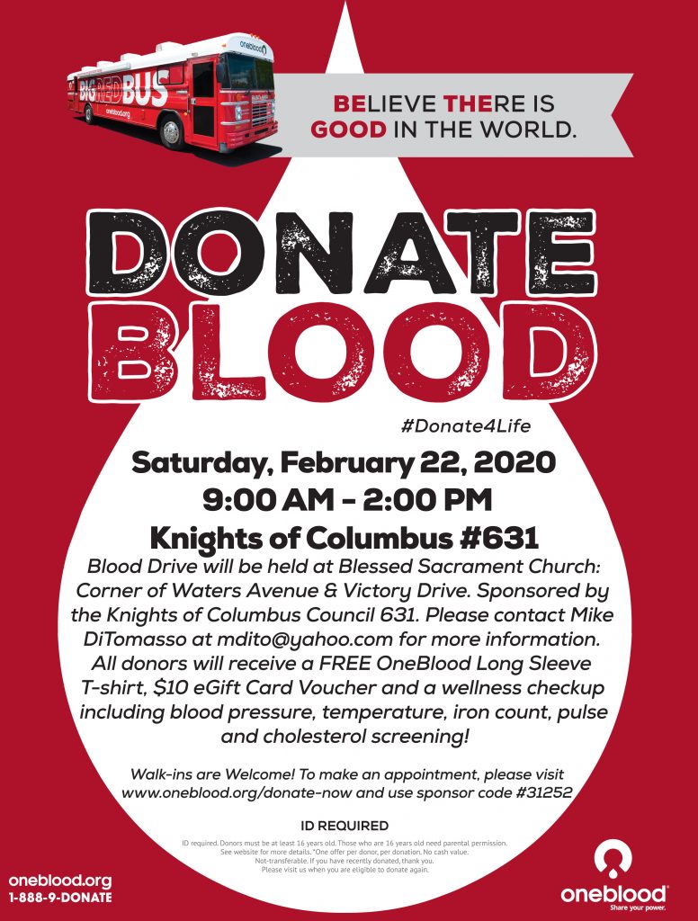 Give blood, save lives.   This Sat. Feb. 22 9am-2pm