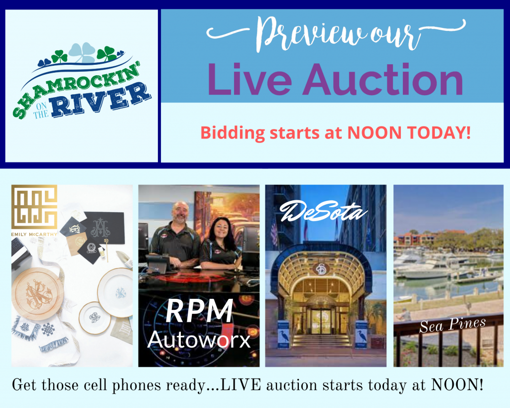 At noon TODAY, our Shamrockin’ on the River online auction – featuring more than 100 fabulous items – will go live. The auction will end at 9.45 p.m. Saturday.