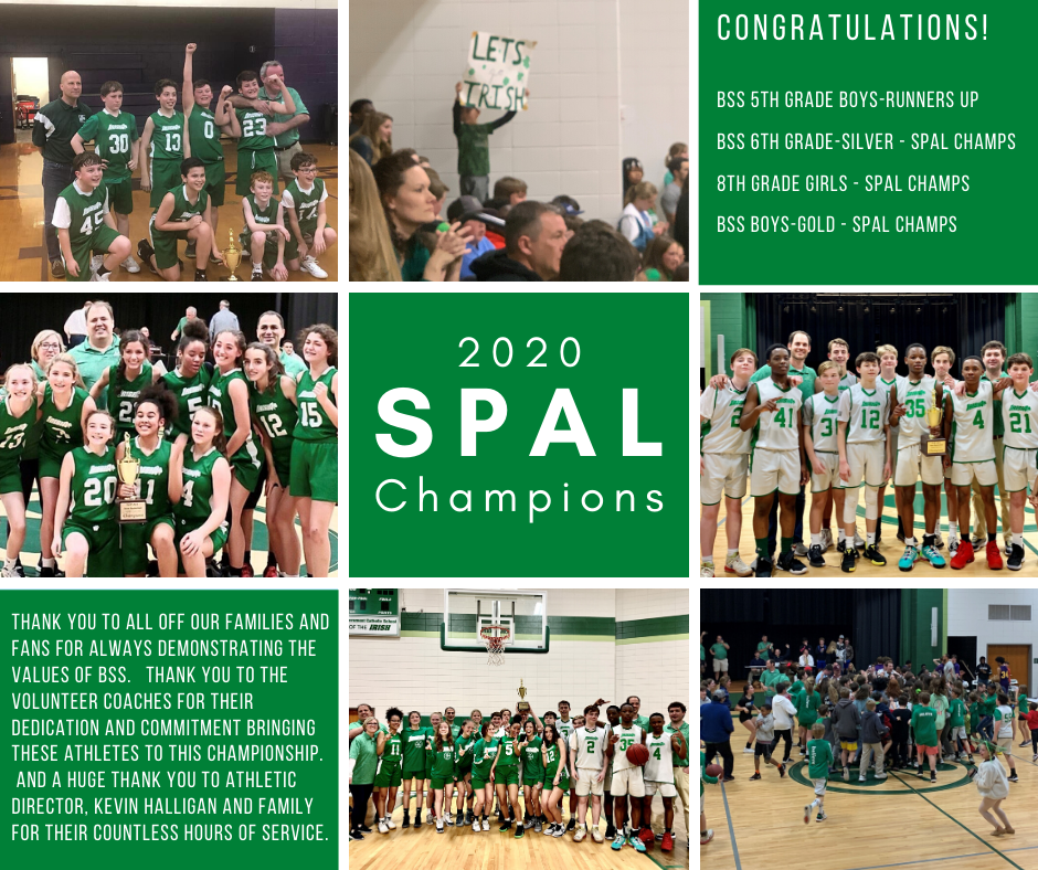 CONGRATULATIONS to BSS 5th Grade Boys, Runners Up, 6th Grade-Silver, SPAL Champs, 8th Grade Girls, and Boys-Gold, SPAL Champs. GO IRISH!