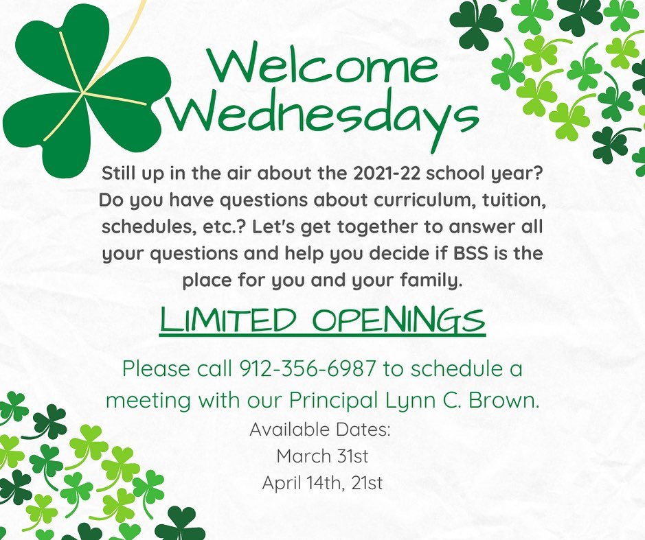 Welcome Wednesdays for your school tour!   March 31st and April 14th  and 21st